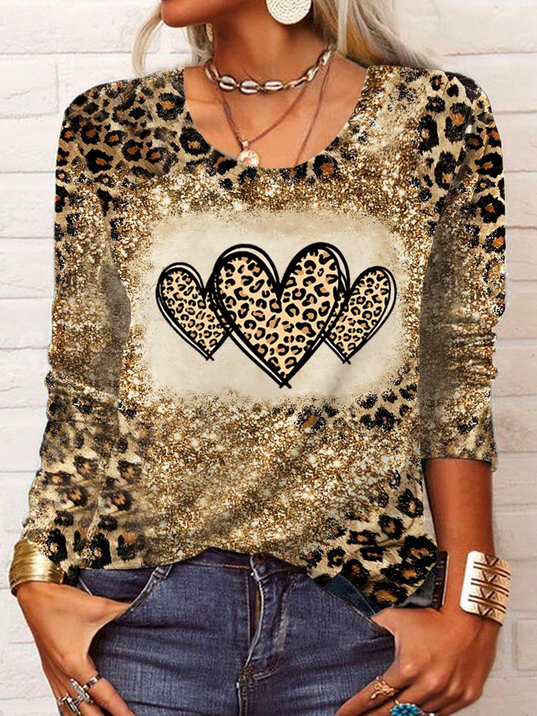 Women's Heart Leopard Print Long Sleeve Top