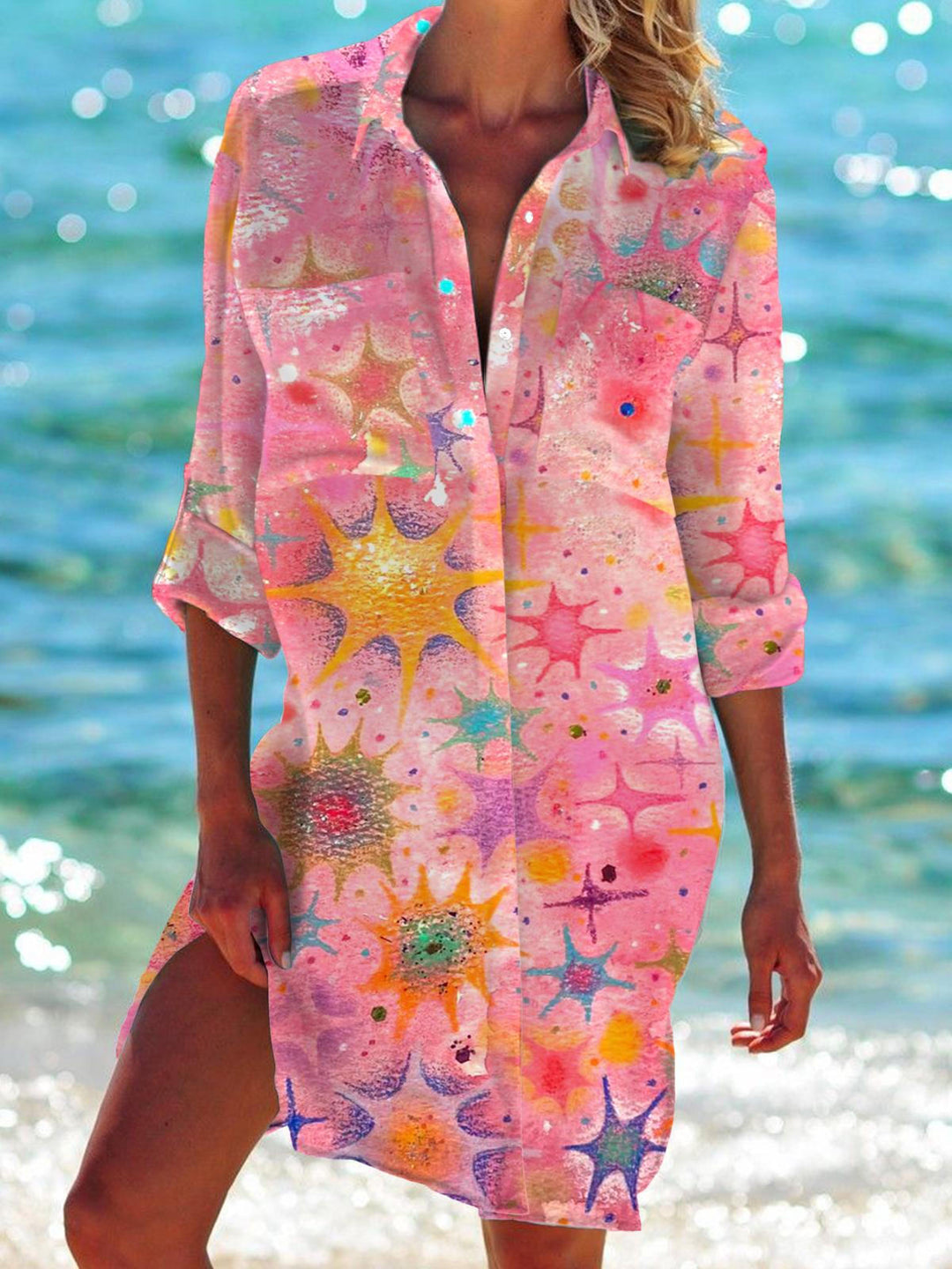 Casual Print Long Sleeve Beach Shirt Dress