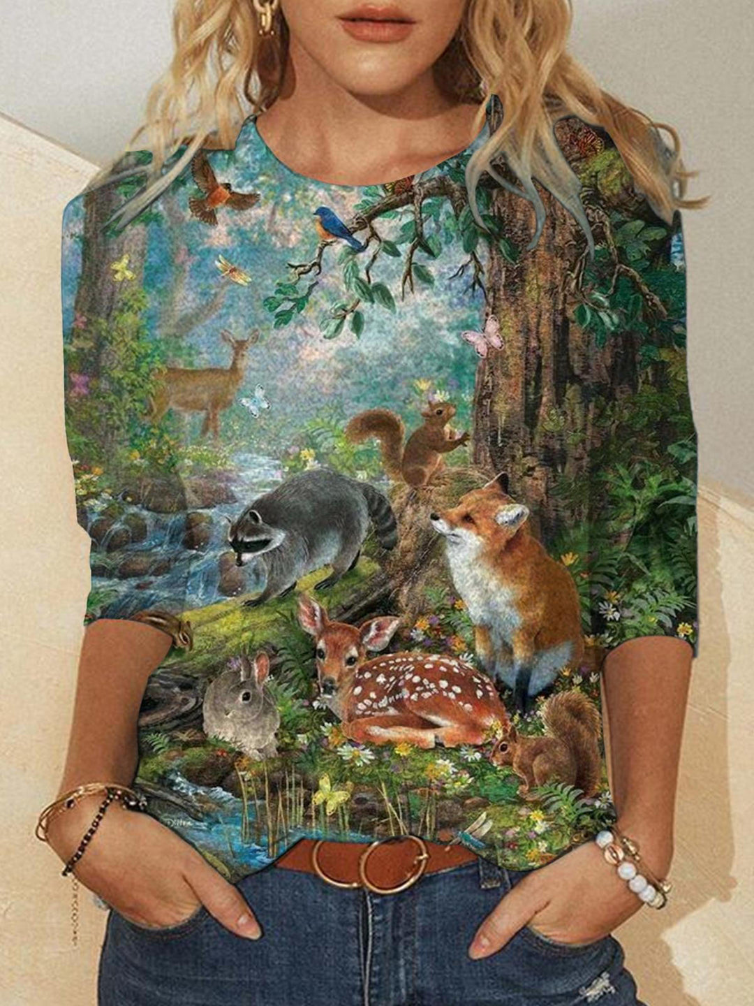 Forest Animals Print Long Sleeve Casual Top