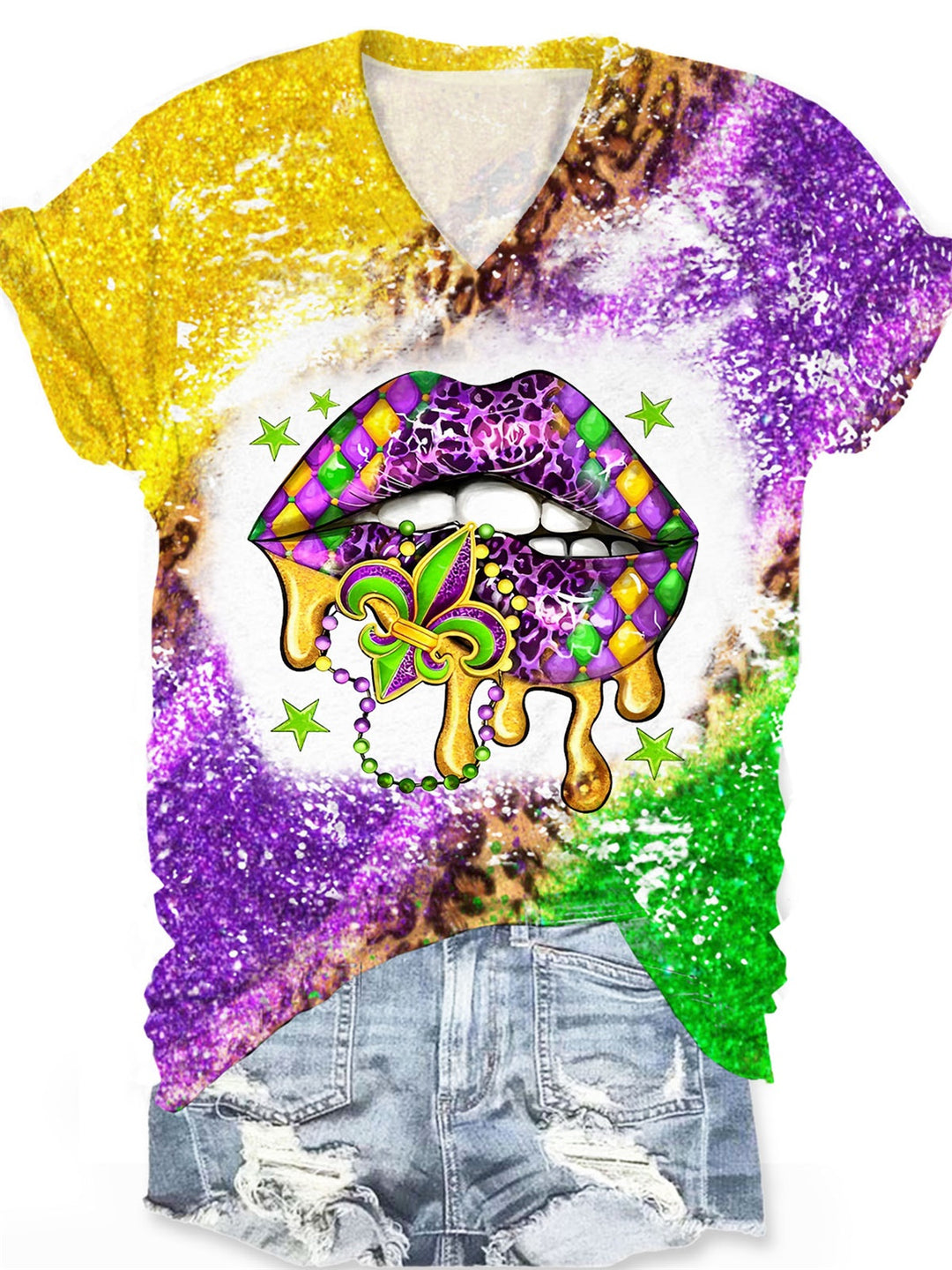 Mardi Gras Lips Print V-Neck T-Shirt