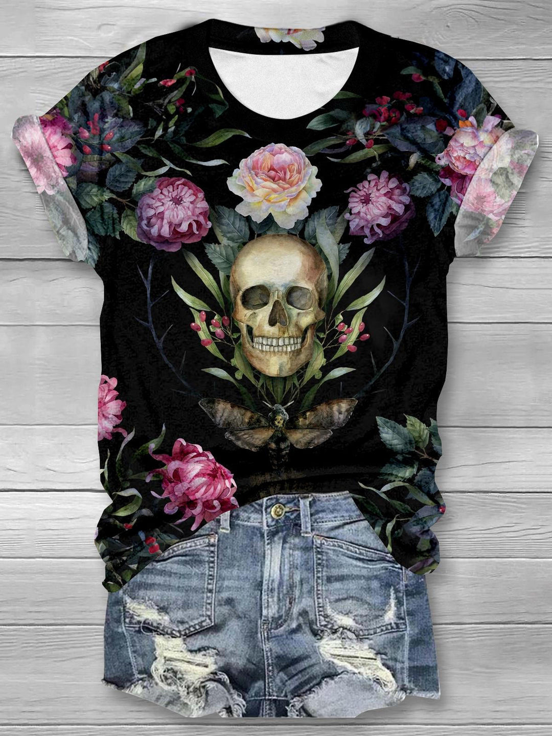 Vintage Witch Goth Skeleton Printed Casual T-shirt