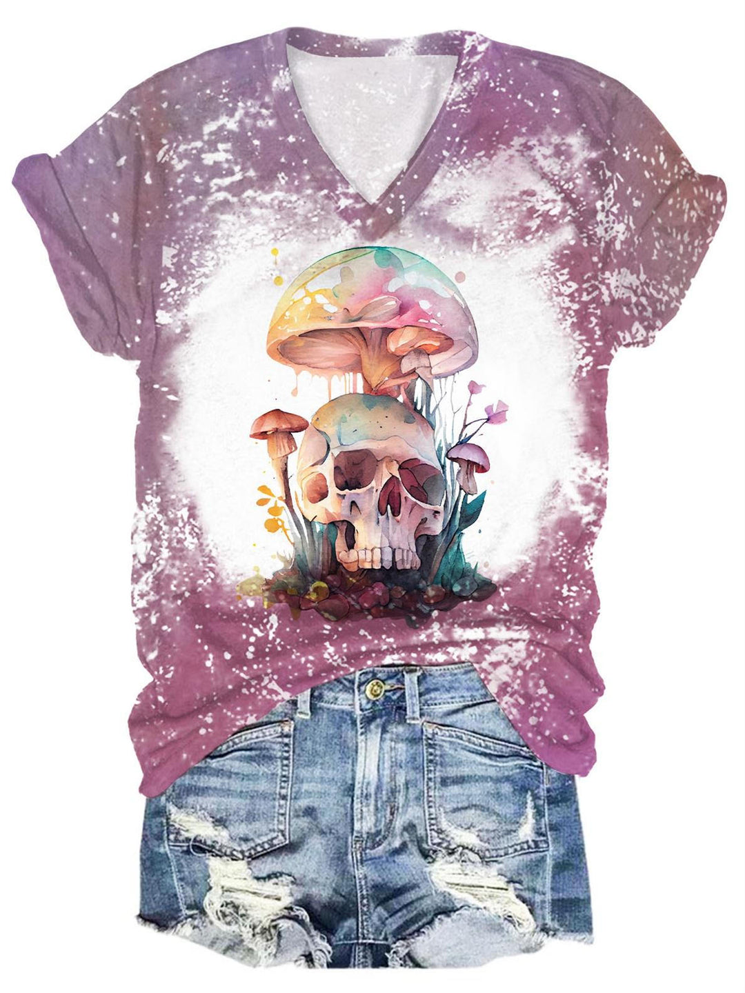 Skull And Mushrooms Print V-Neck T-Shirt