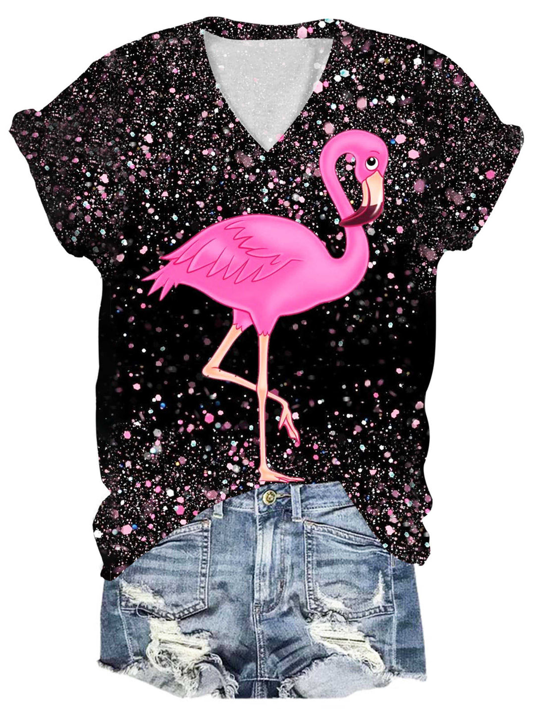 Flamingo Glitter Print V-Neck T-Shirt