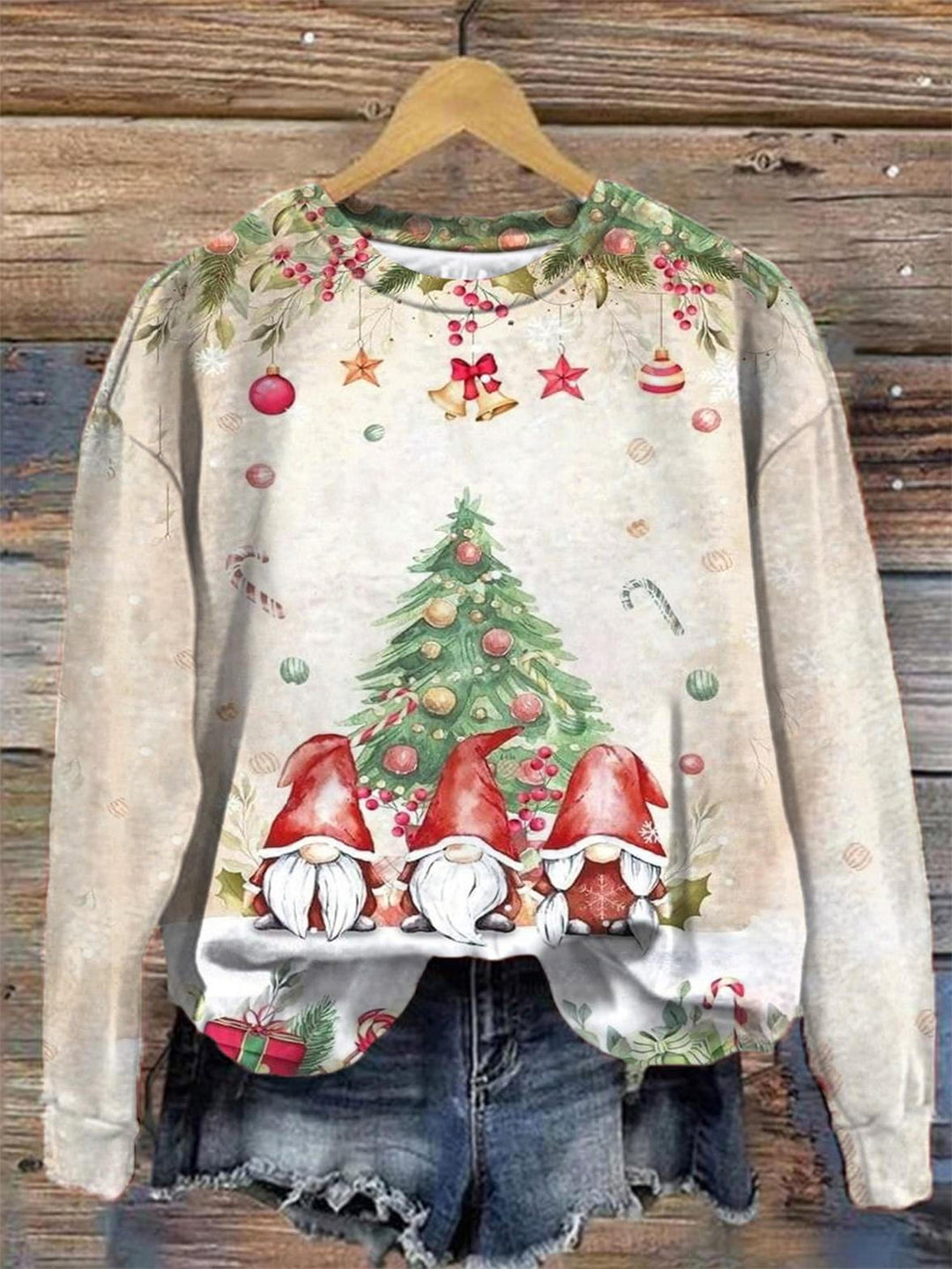 Christmas Gnome Retro Print Crew Neck Long Sleeve Top