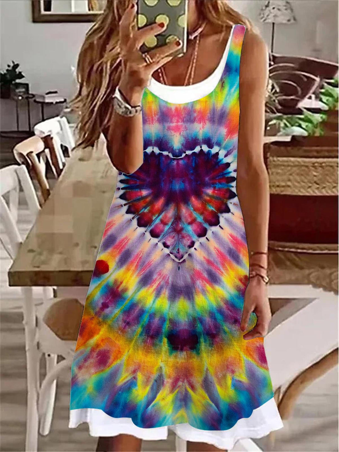 Rainbow Tie Dye Heart Print Ladies False Two Dress