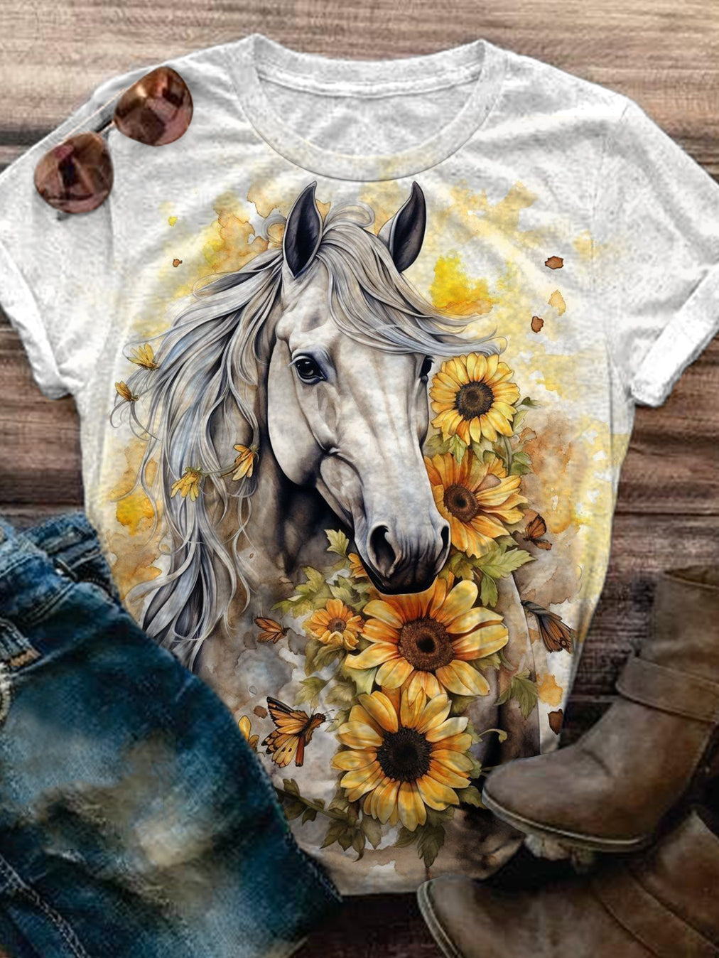 Sunflower And Horse Print Crew Neck T-shirt