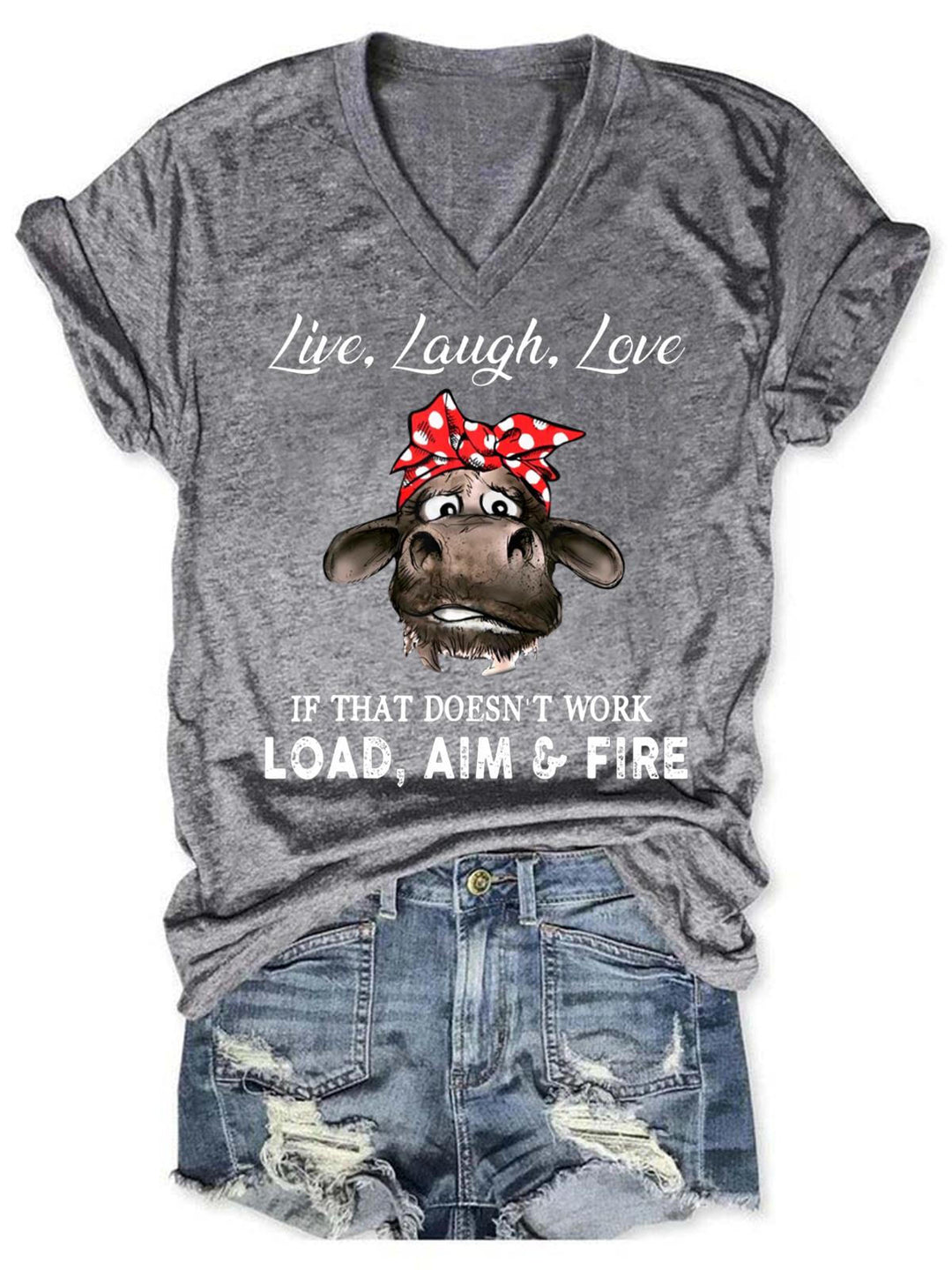 Live Laugh Love Cow Print V-Neck T-Shirt