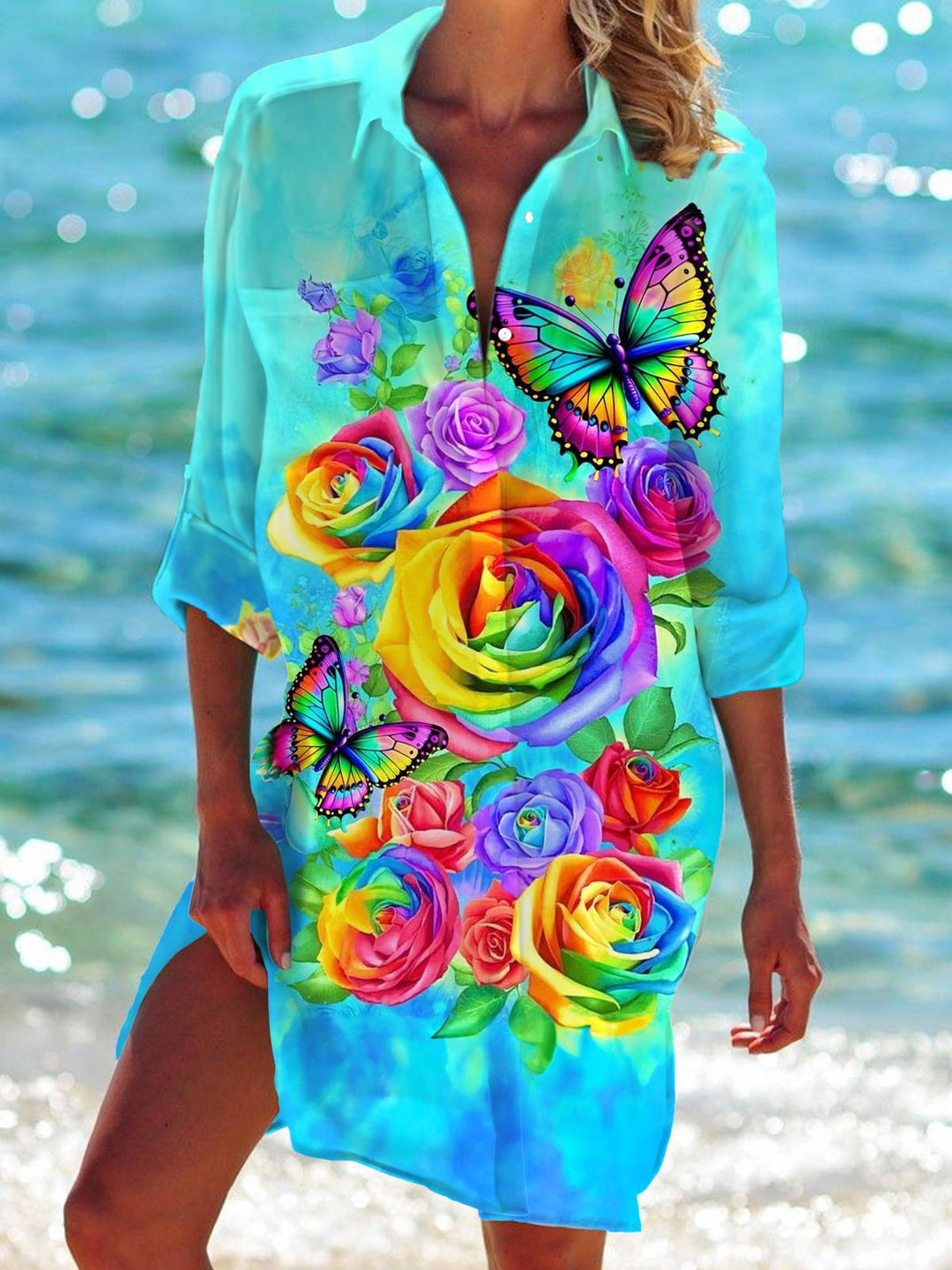 Butterfly Floral Long Sleeve Beach Shirt Dress
