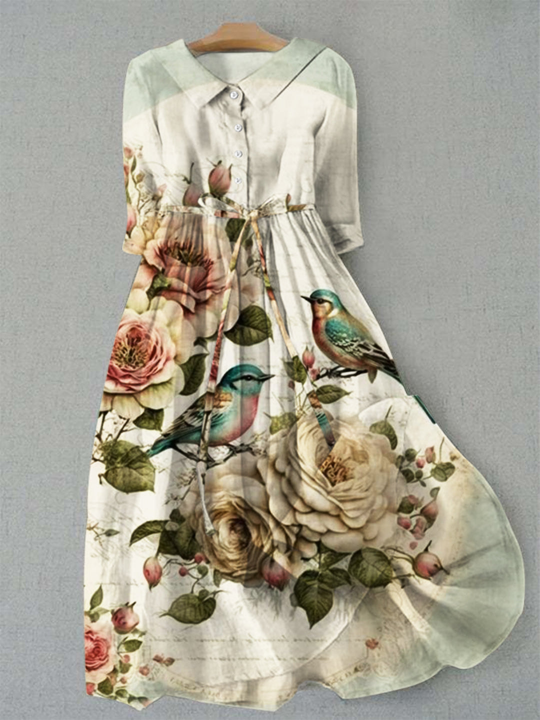 Women's Floral Bird Print Casual Shirt Dress