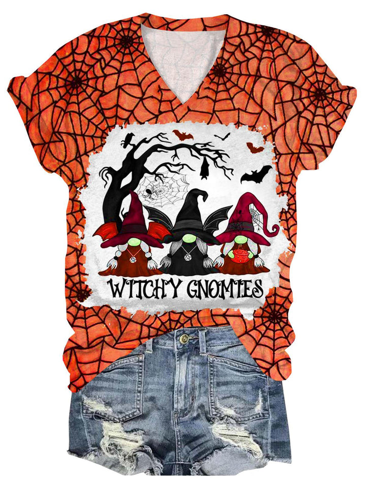 Halloween Gnome Print V Neck T-Shirt