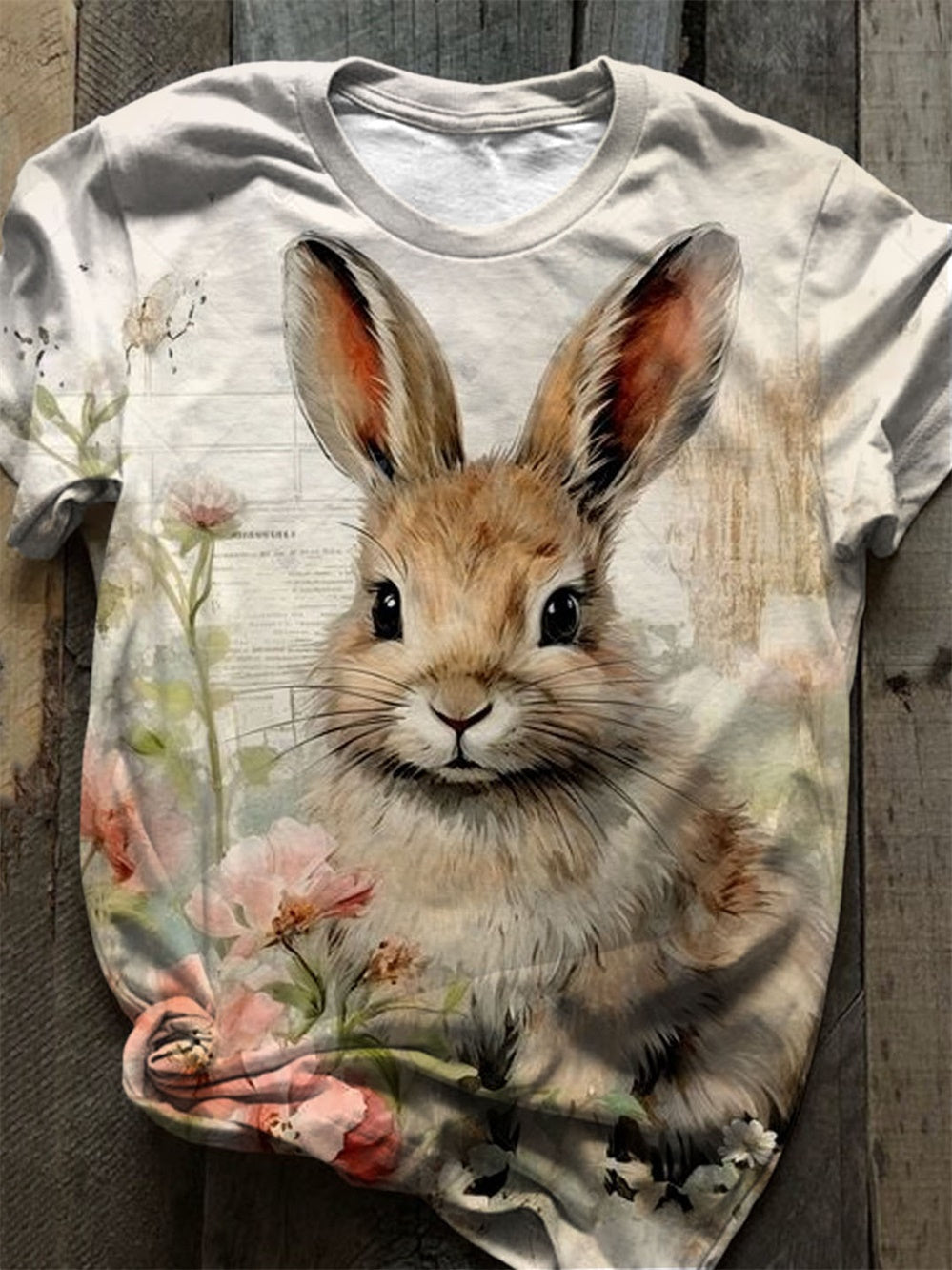 Rabbit Flowers Watercolor Print Crew Neck T-Shirt