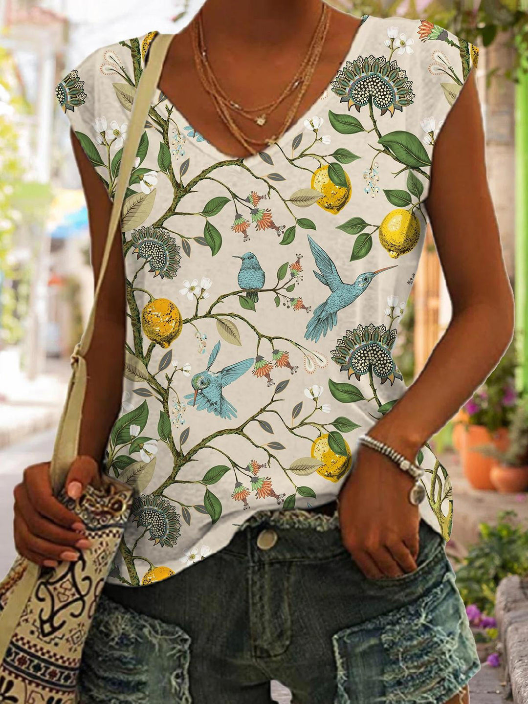 Hummingbird Paradise Printed V-neck Sleeveless Top