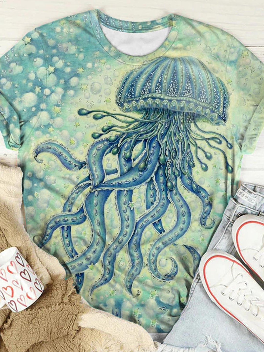 Watercolor Jellyfish Print rew Neck T-Shirt