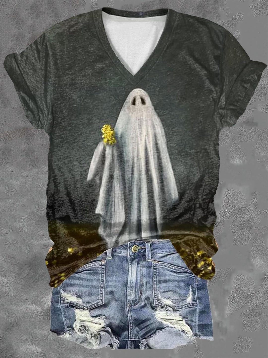 Ghost Print V Neck Short Sleeve T Shirt