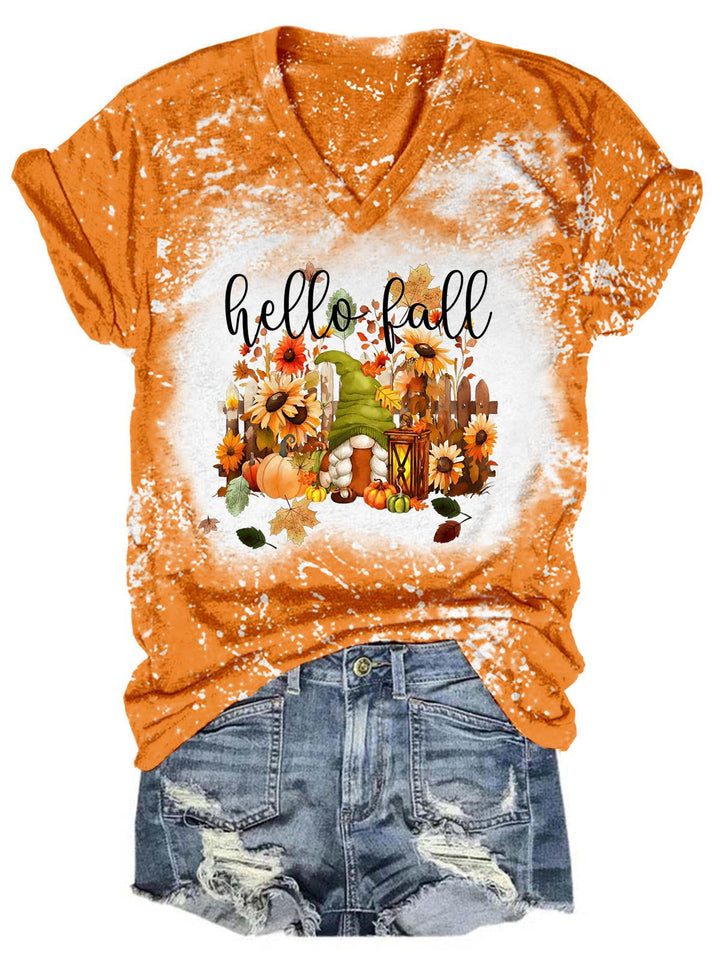 Hello Fall Gnome Tie Dye V Neck T-Shirt