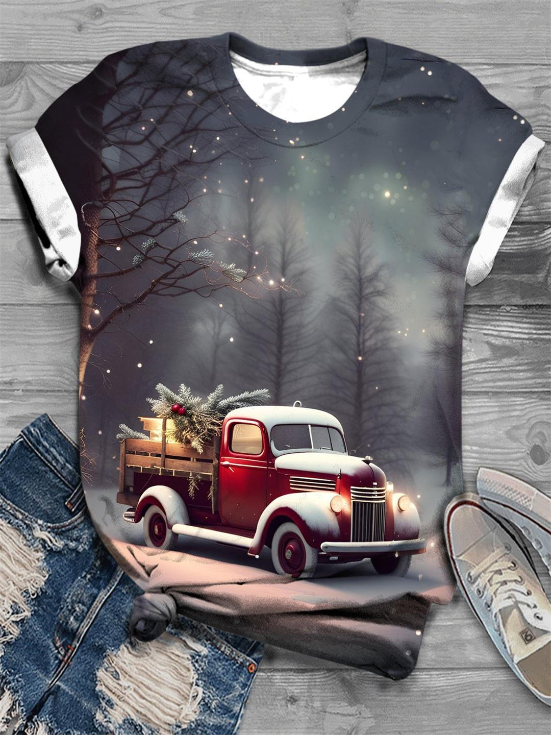 Red Christmas Truck Crew Neck T-Shirt