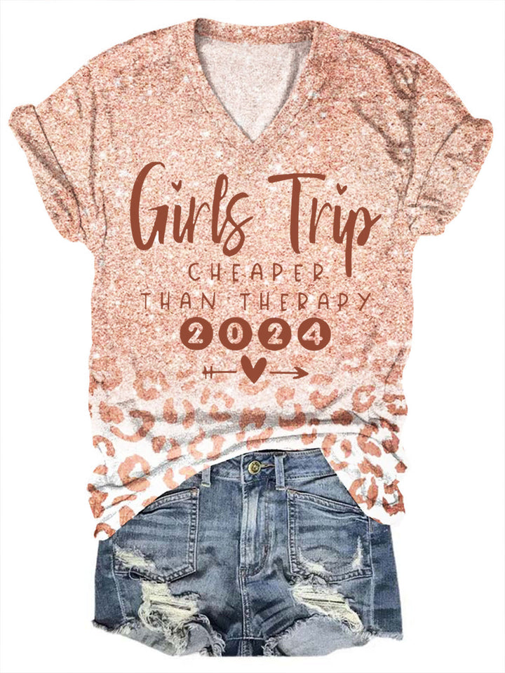 Girls Trip Cheaper Than Therapy 2024 Leopard Glitter Print V-Neck Top