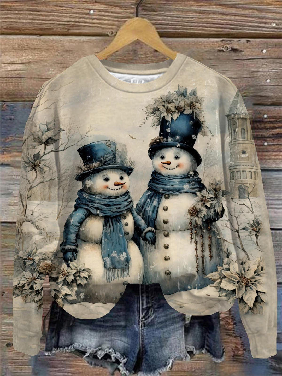 Vintage Snowmen in Winter Print Round Neck Long Sleeve Top