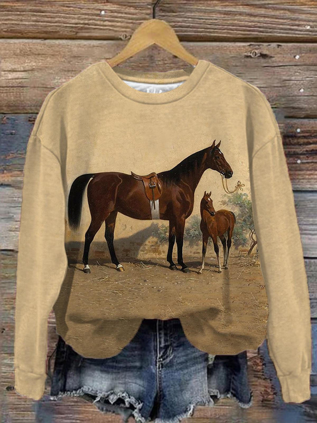 Retro Horse Print Crew Neck Long Sleeve Top