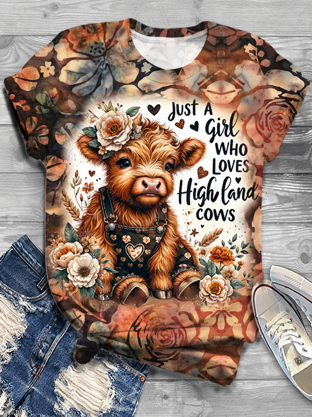 Just A Girl Who Loves Highland Cows Print Crew Neck T-shirt