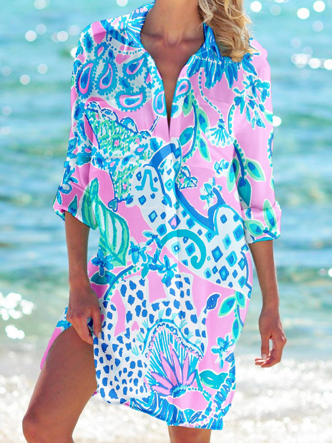 Women's Floral Print Long Sleeve Beach Shirt Dress