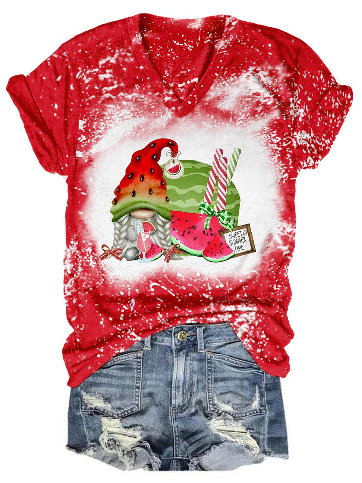 Sweet Summer Watermelon Gnome Tie Dye V Neck T-Shirt