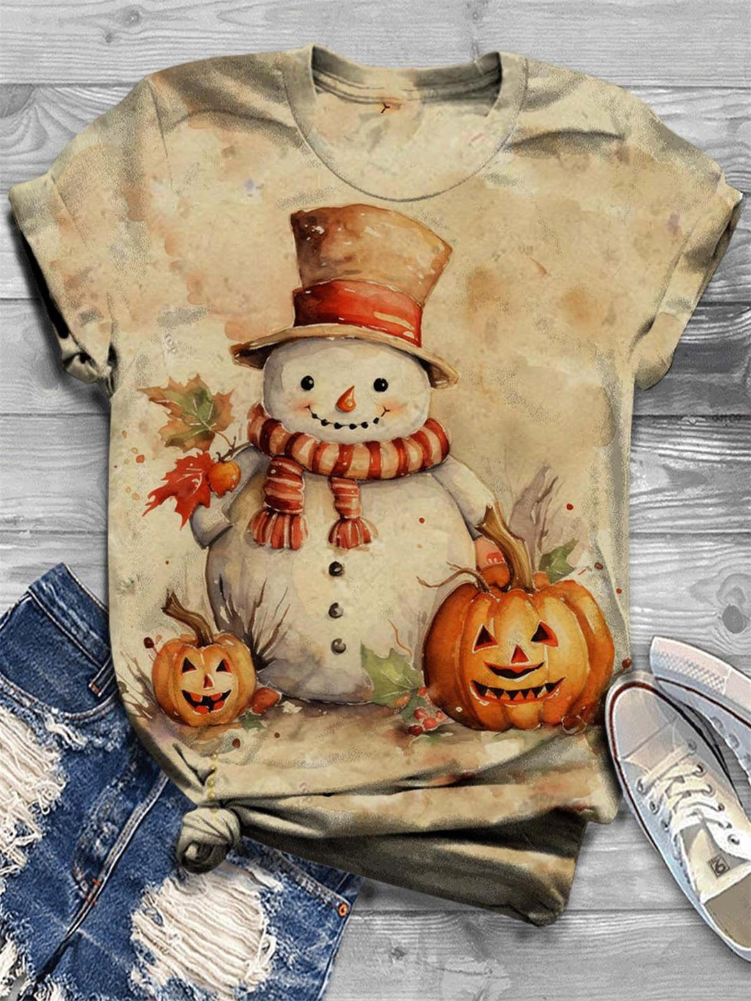 Vintage Pumpkin Snowman Print Crew Neck T-Shirt
