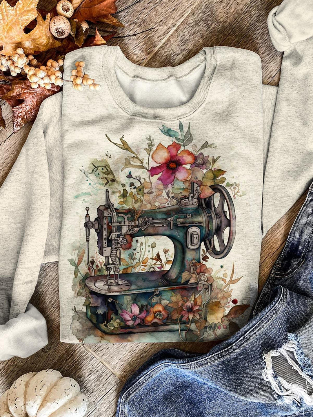 Women's Floral Sewing Machine Retro Print Long Sleeve Top