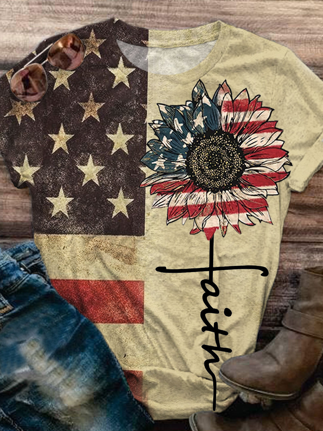 American Flag Sunflower Faith Print Casual Top