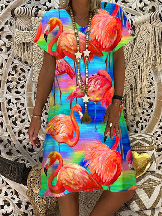 Flamingo Print V-Neck Short Sleeve Dress