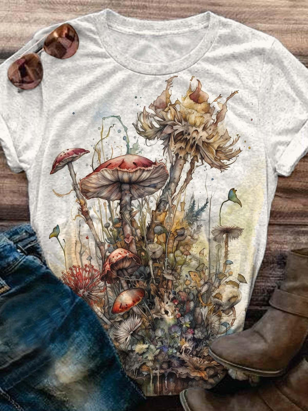 Retro Mushroom Print Round Neck Short Sleeve T-Shirt
