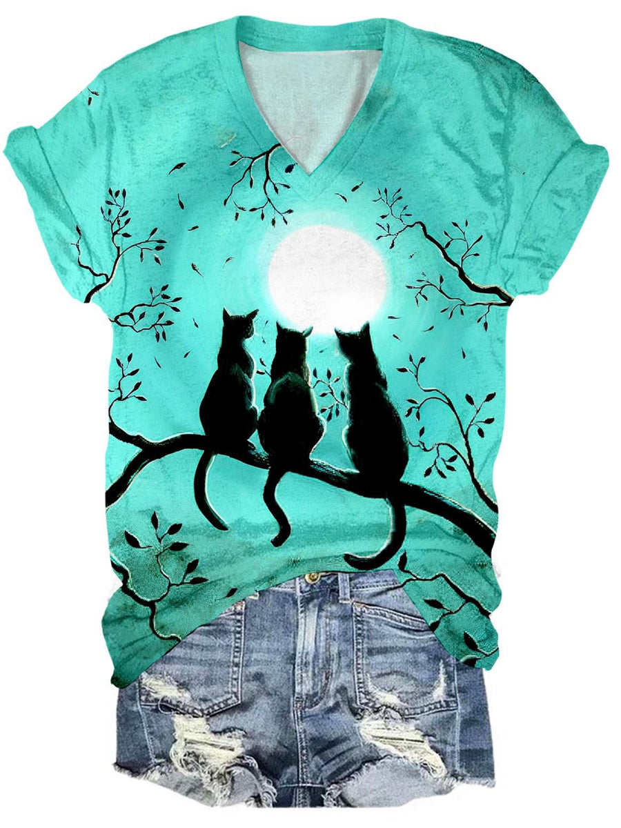 Women's Western Cowgirl Shirt - Vintage Horse & Cactus Print V-Neck Loose Fit Top