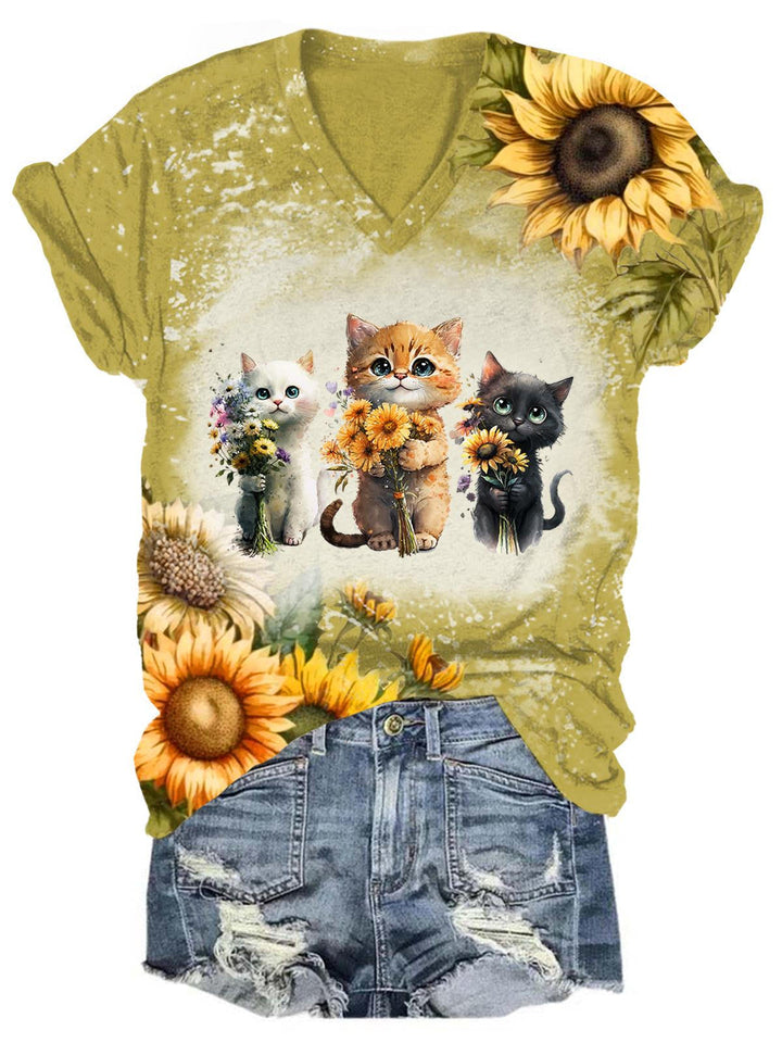 Sunflower Cat Print Tie Dye V Neck T-Shirt
