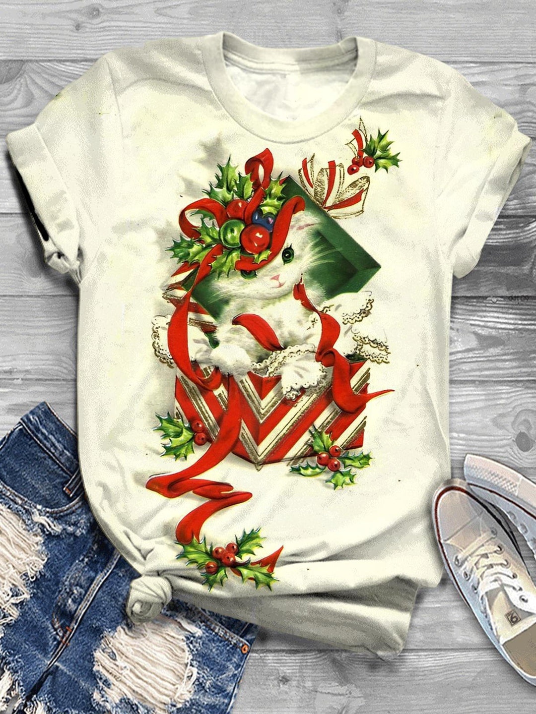 Christmas Gift Cat Print Crew Neck T-shirt