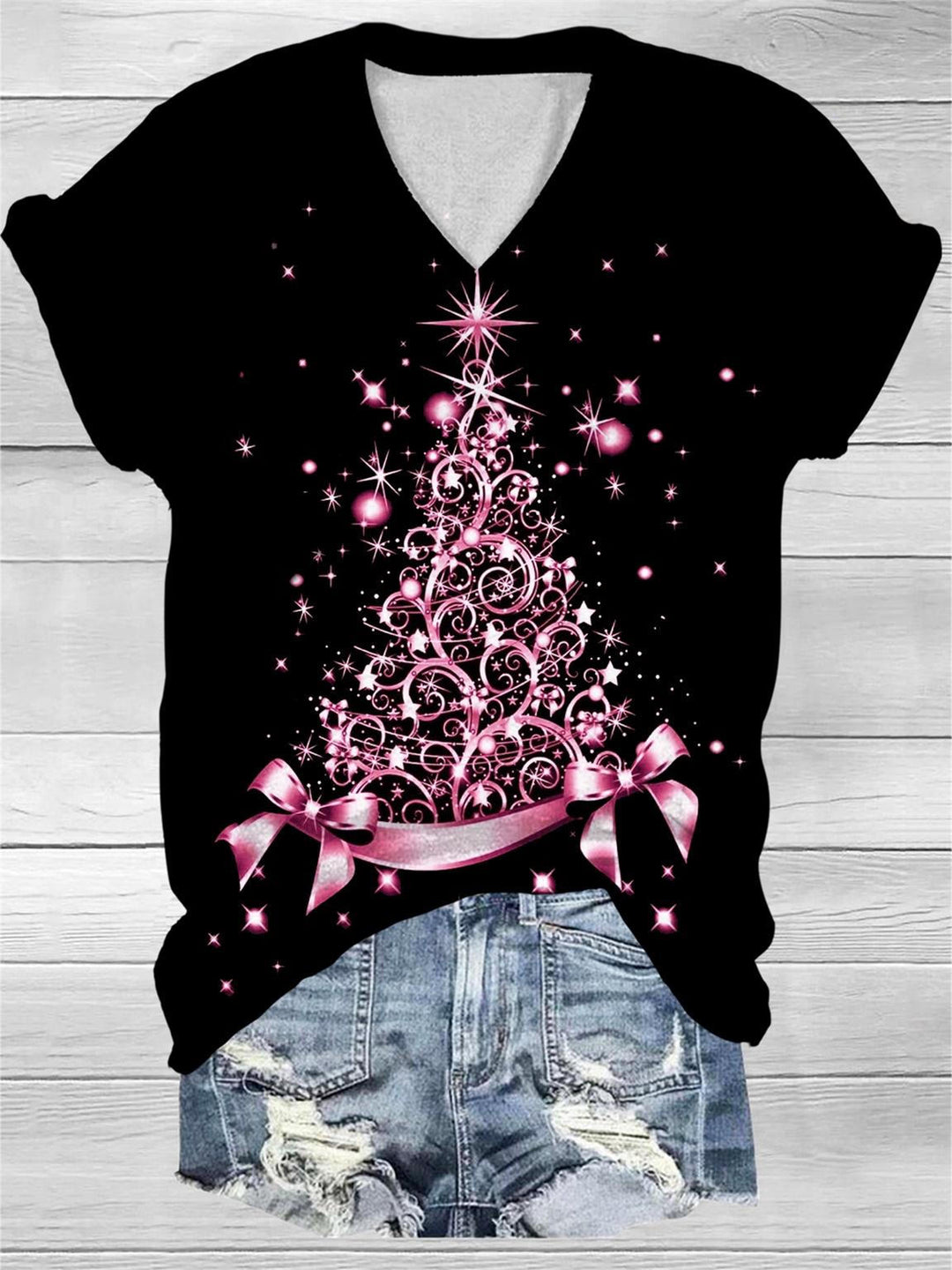 Pink Christmas Tree Print V-Neck T-Shirt