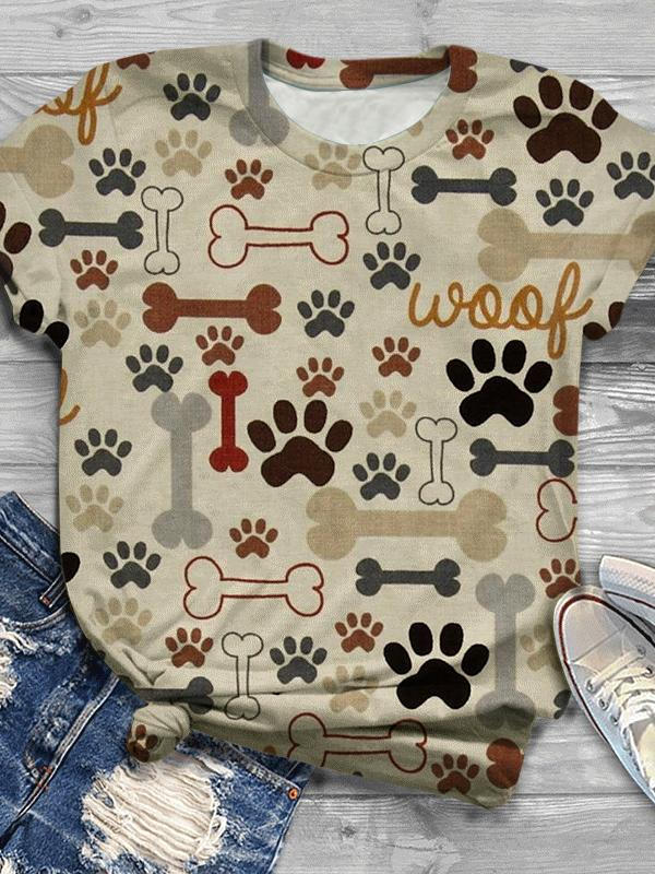 Dog Paw Bone Print Crew Neck T-Shirt