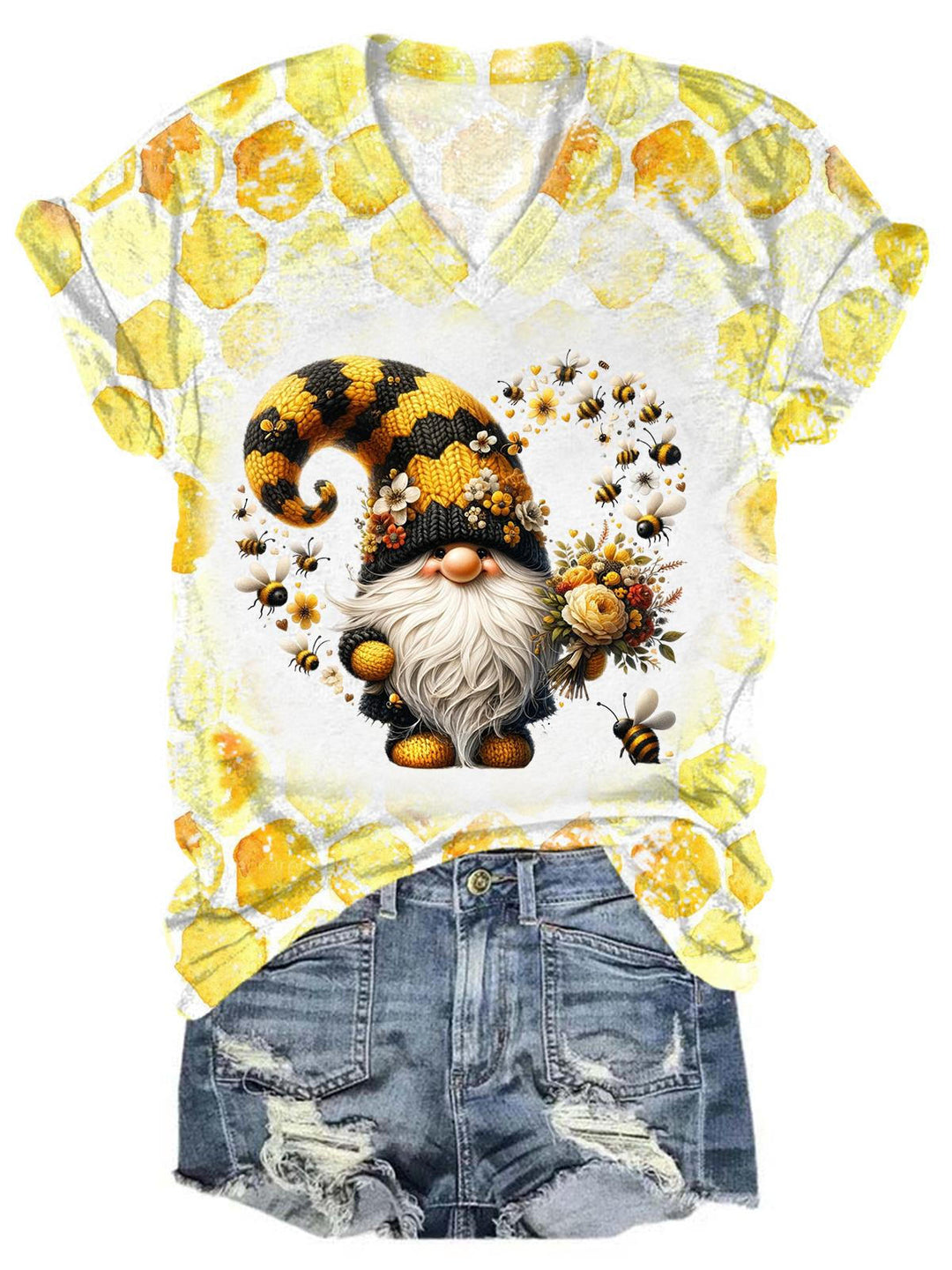 Bee Heart Gnome V-Neck Tie Dye T-Shirt
