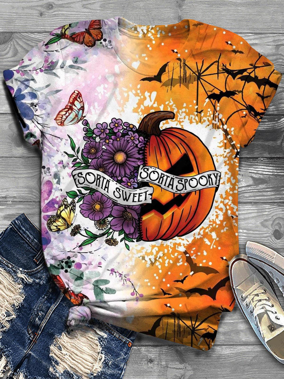 Halloween Pumpkin Butterfly Bat Flower Crew Neck T-Shirt