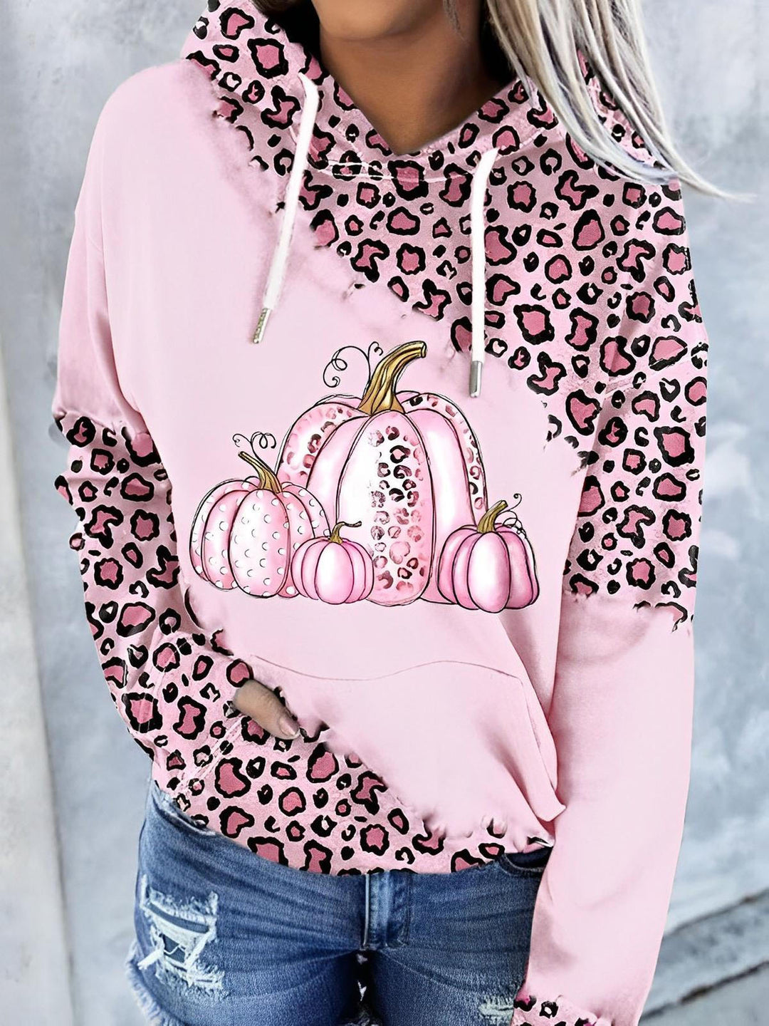 Pink Pumpkin Leopard Print Pocket Hoodie