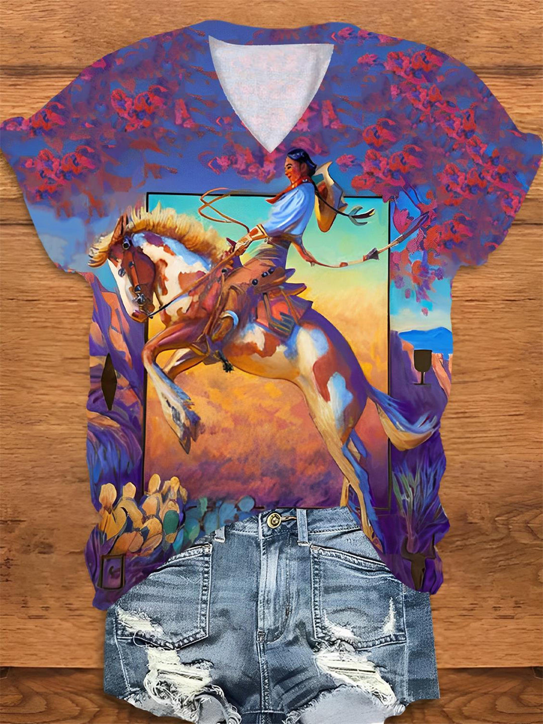 Cowgirl Horse Print V-Neck T-Shirt