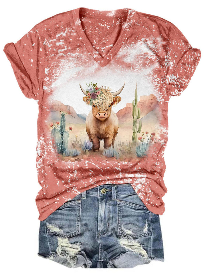 Western Highland Cow Print Tie Dye V Neck T-Shirt