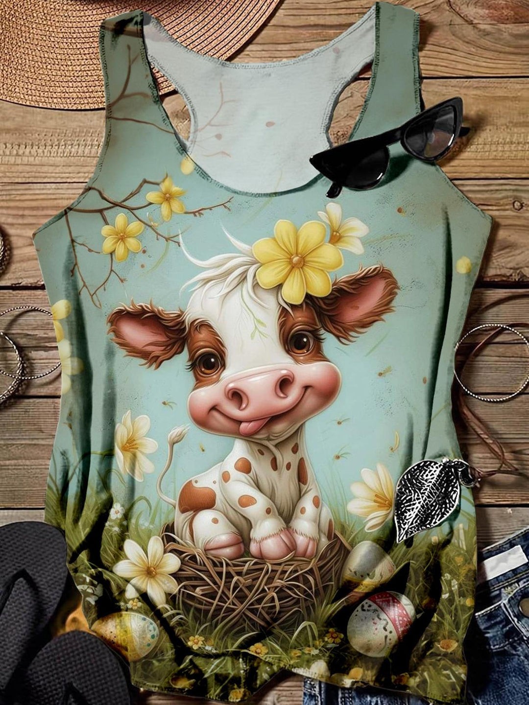 Cute Floral Cow Printed Casual Tank Top