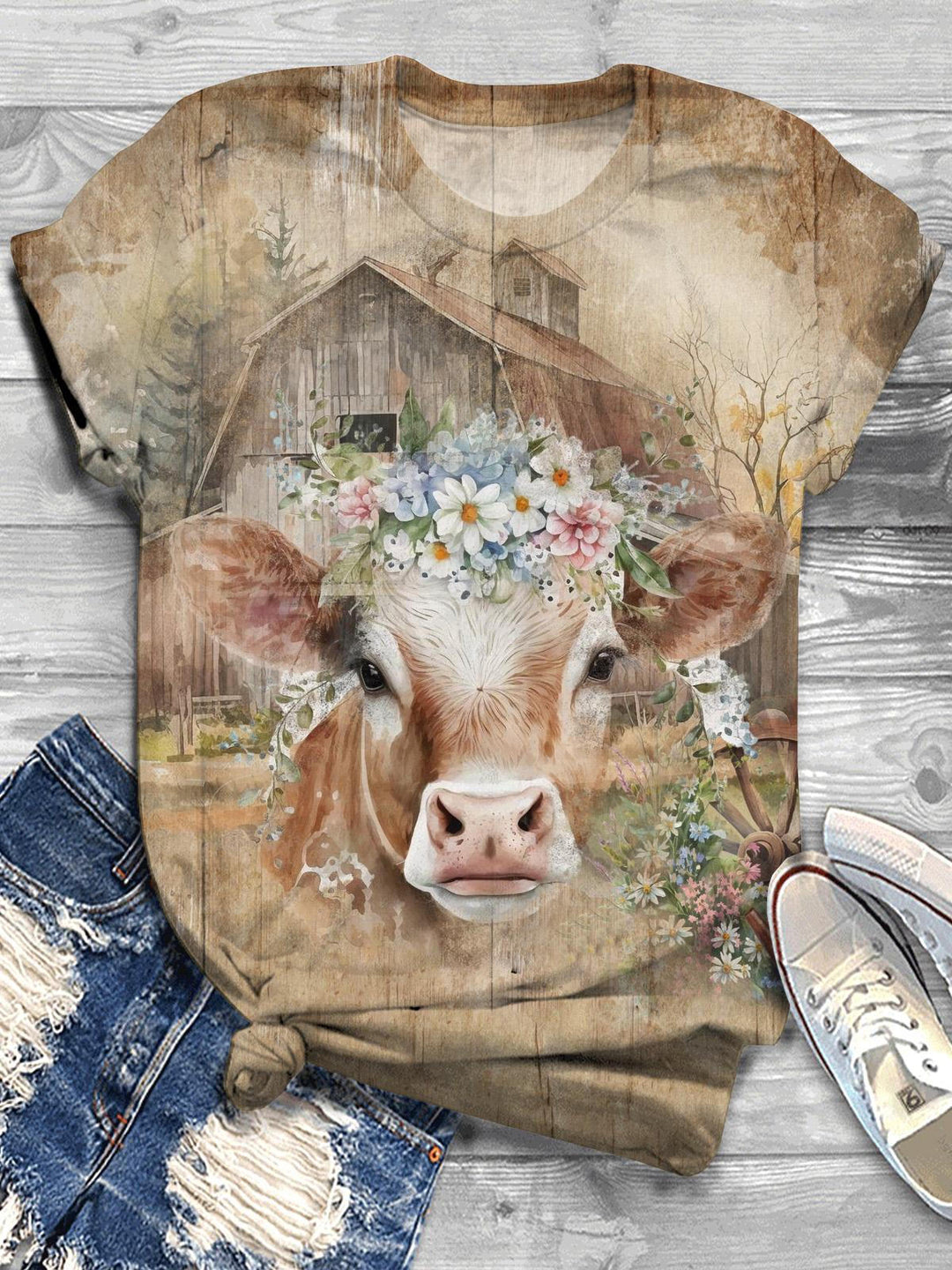 Farm Cow Print Crew Neck T-shirt