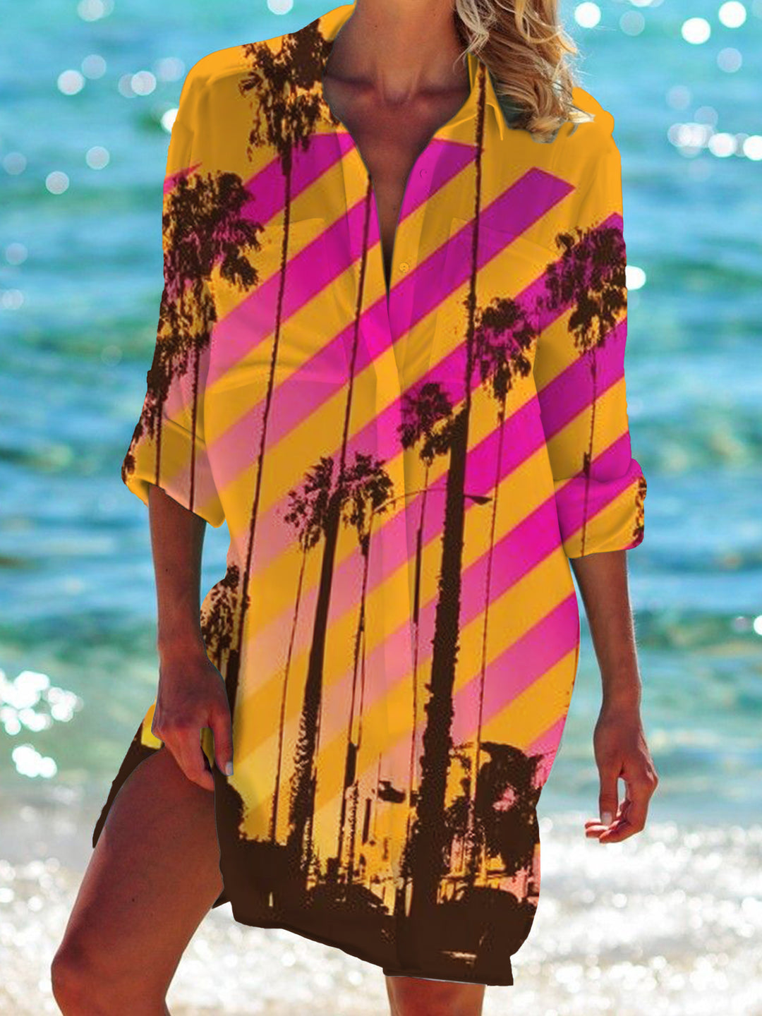 Holiday Coconut Tree Silhouette Geometry Long Sleeve Beach Shirt Dress
