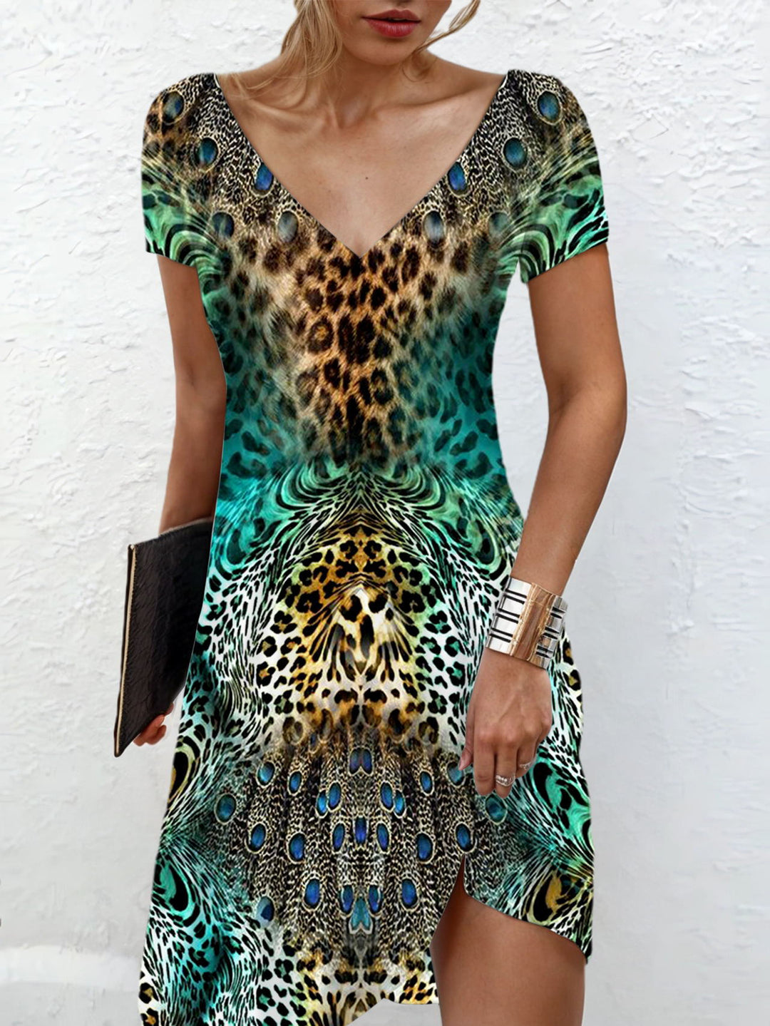 Leopard Print V-neck Short Sleeves Dress