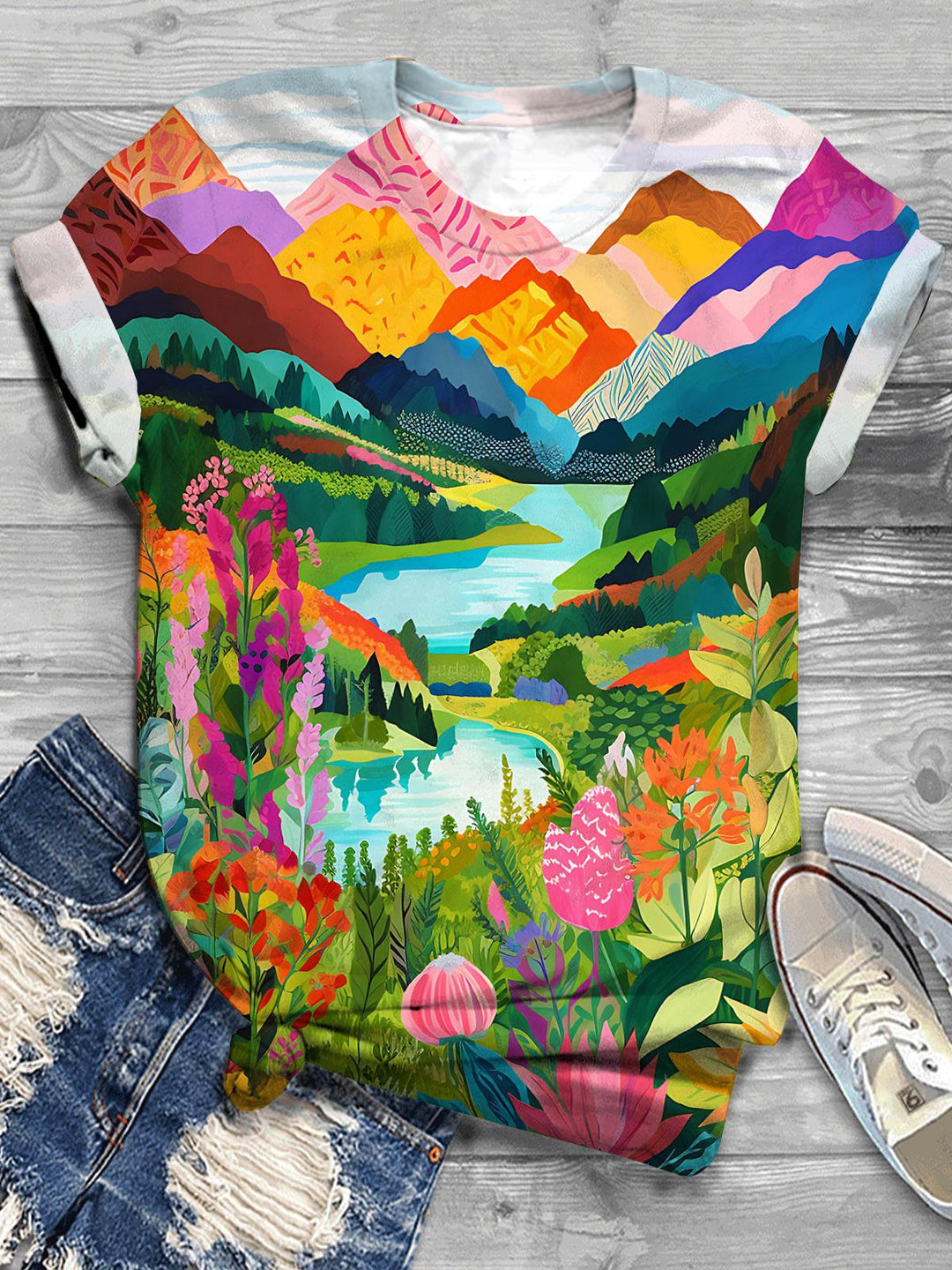 Spring Abstract Mountain Scenery Print Crew Neck T-shirt