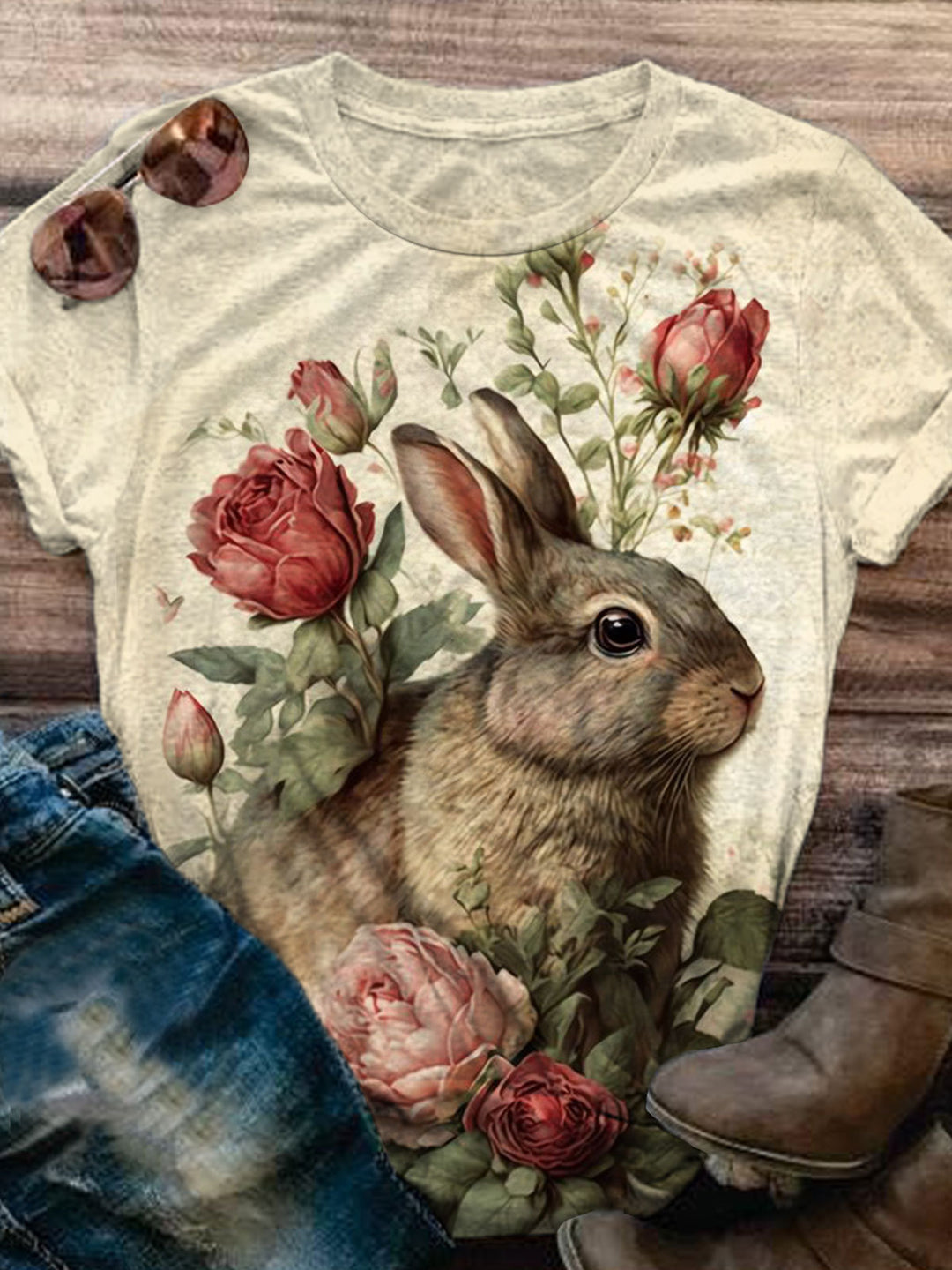 Vintage Floral Rabbit Print Casual Top