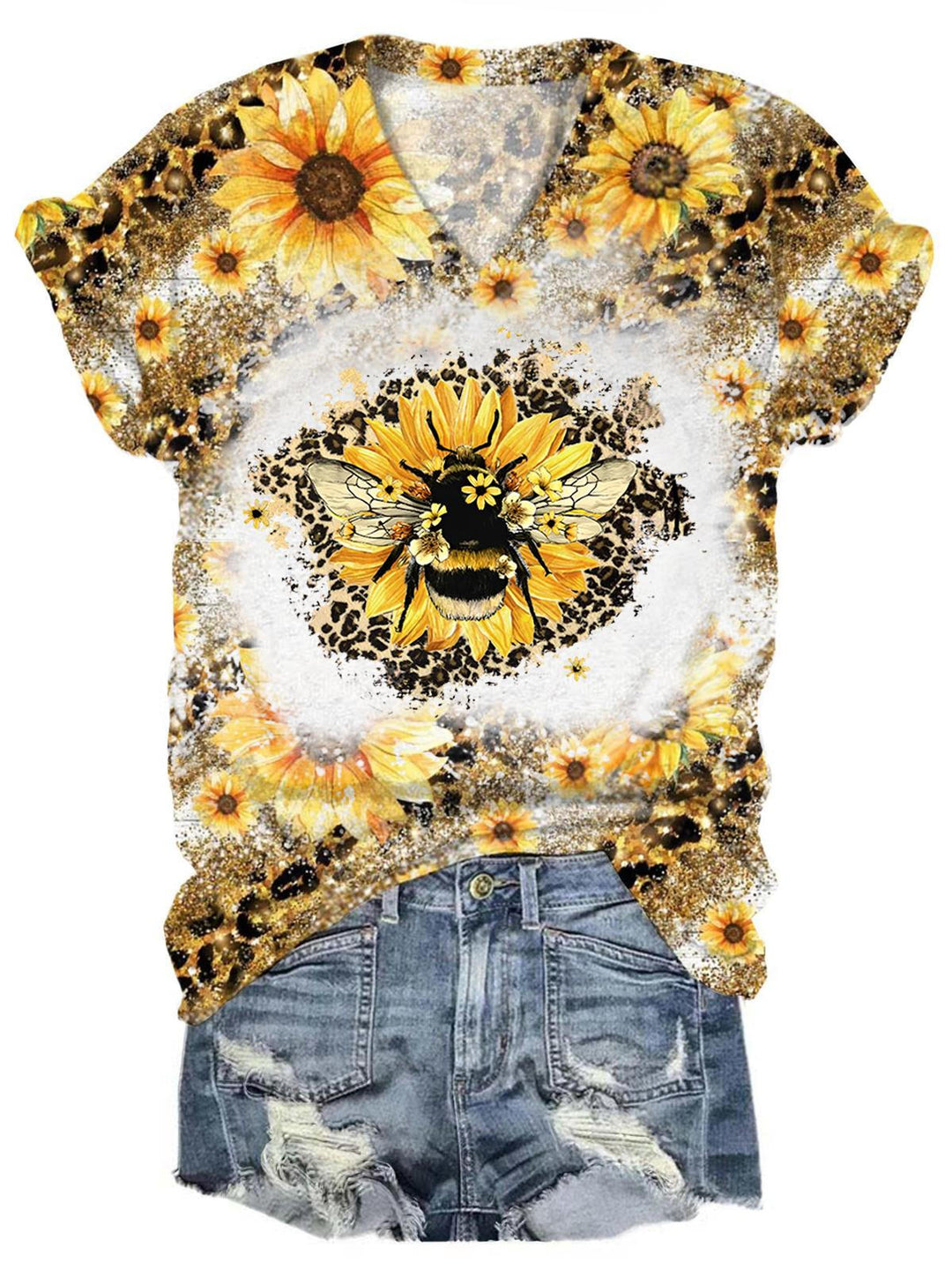Women's V Neck Sunflower Bee Print T-Shirt