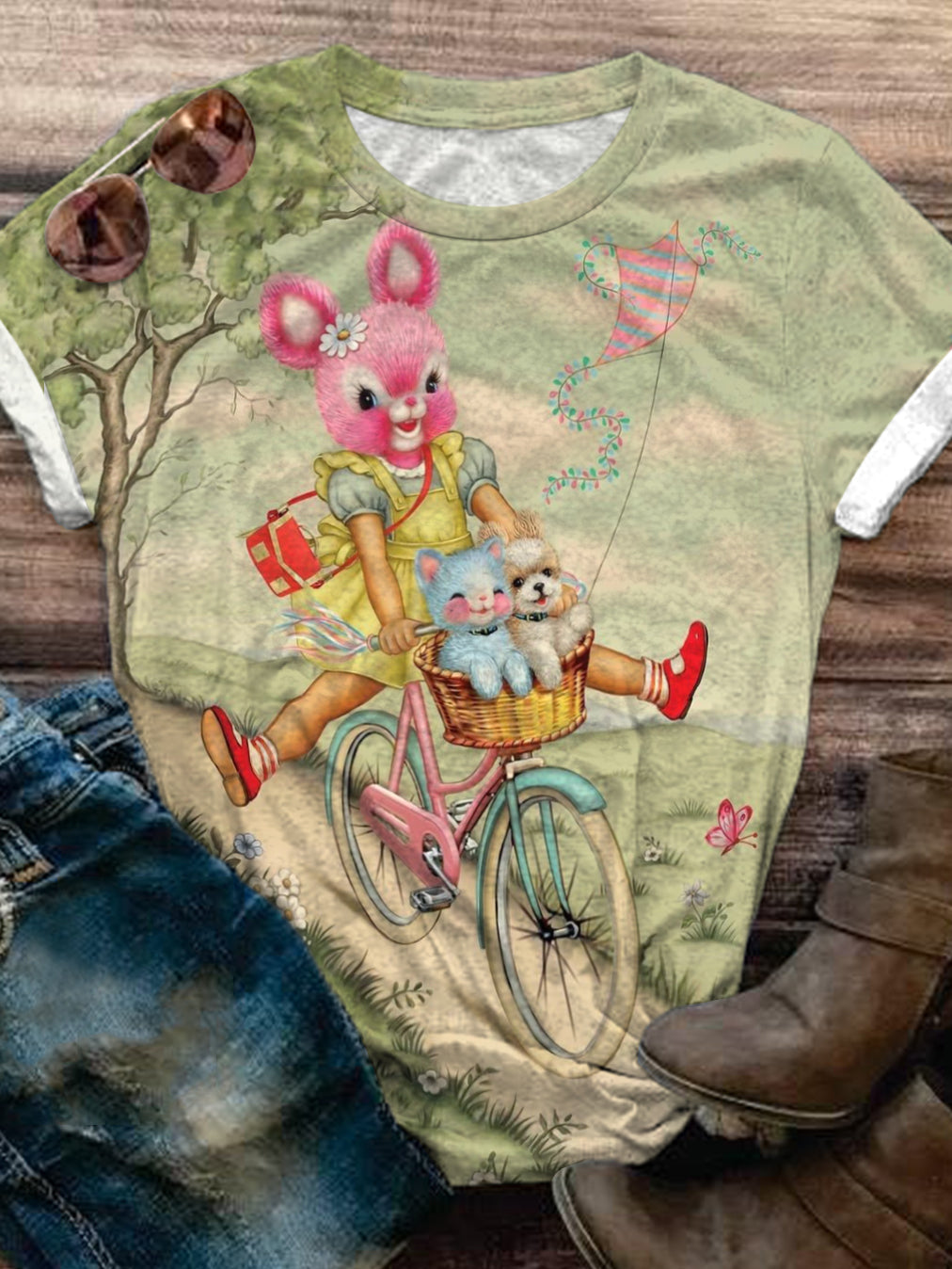 Vintage Bunny on Bike Crew Neck T-shirt