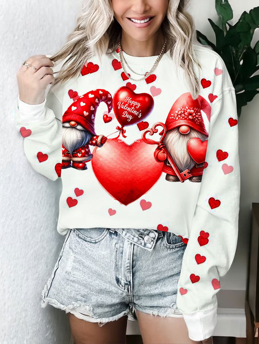 Valentine Heart Gnome Print Round Neck Long Sleeve Top